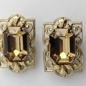 Vintage signed Napier crystal faux citrine & Gold tone filigree clip on earrings